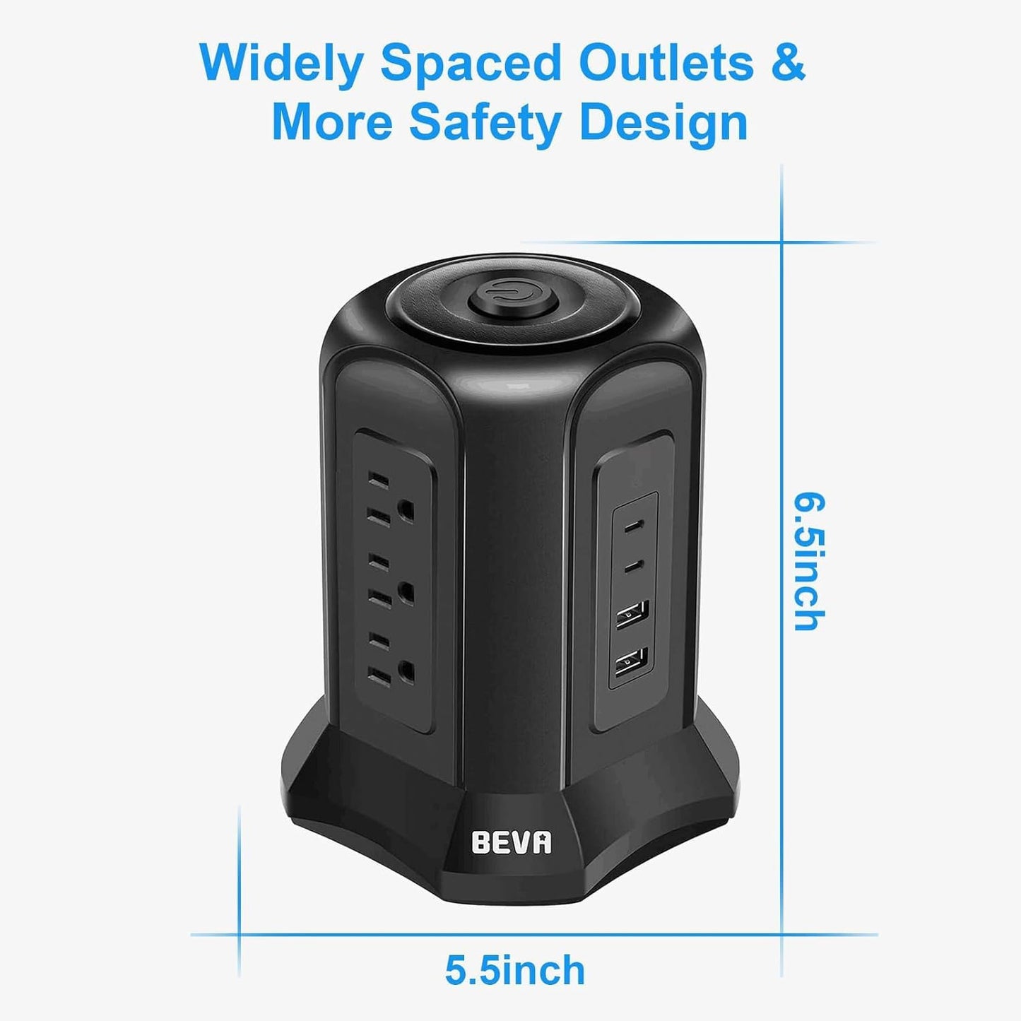 Power Strip Tower Surge Protector 10Ft Flat Plug Desktop Charging Station 9 AC Outlets 4 USB Ports, 900 Joules, Long Extension Cord for Home Office Appliances Smartphones Computer Tablets(Black)